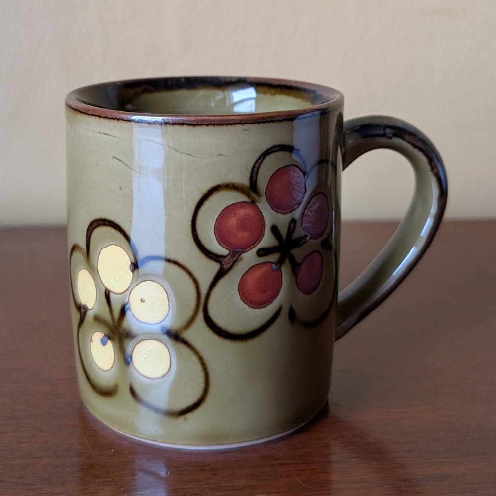 VintageOtagiri Style Green/Olive w/Orange & Yellow Flowers Stoneware Coffee Mug